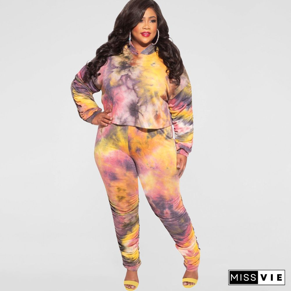 Plus Size Tie Dye Hooded Top Pleated Pants Set