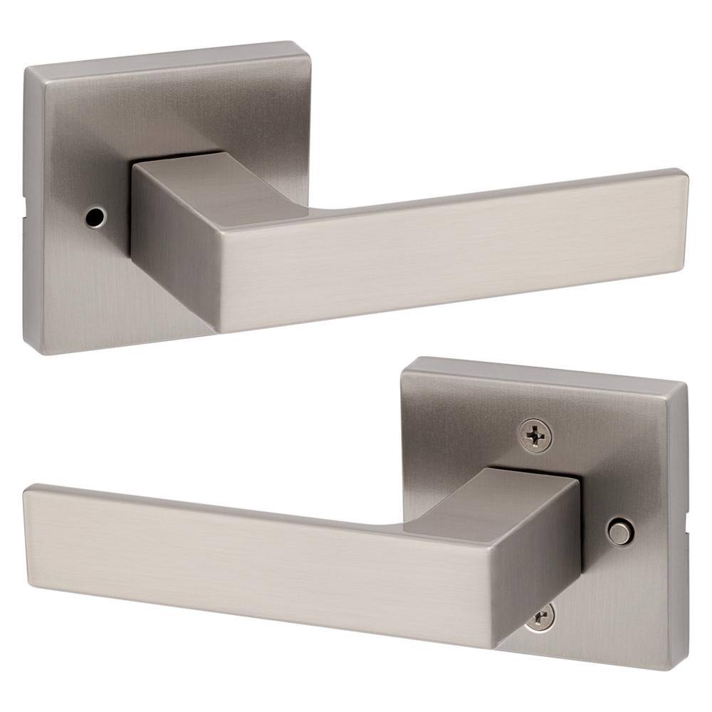 Kwikset Singapore Square Satin Nickel BedBath Door Handle with Microban and Lock 730SAL 15 SQT