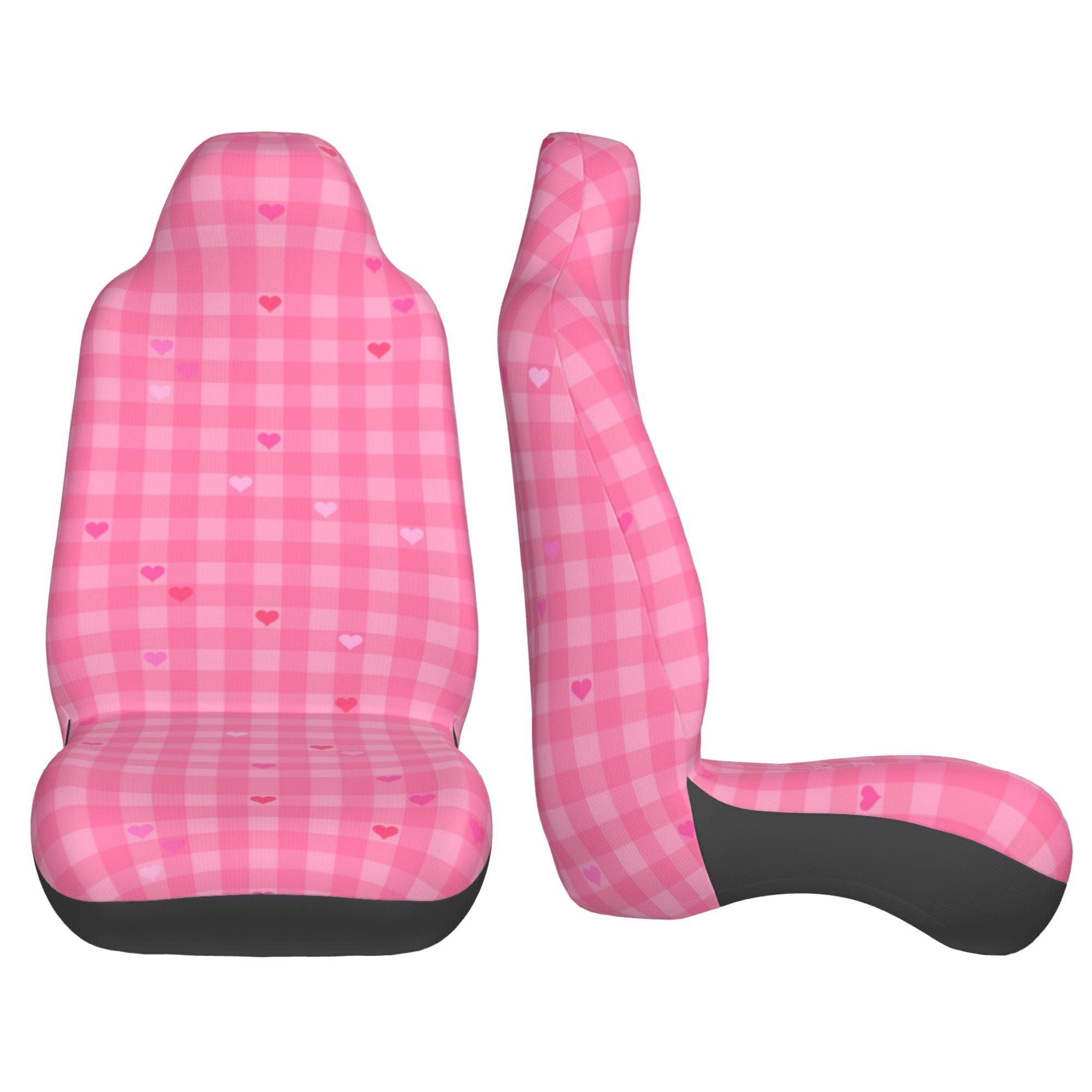 Easy to Install Car Universal Seat Cover， Pink Hearts Checkered Four Seasons Universal Front Seat Cover， 2-Piece