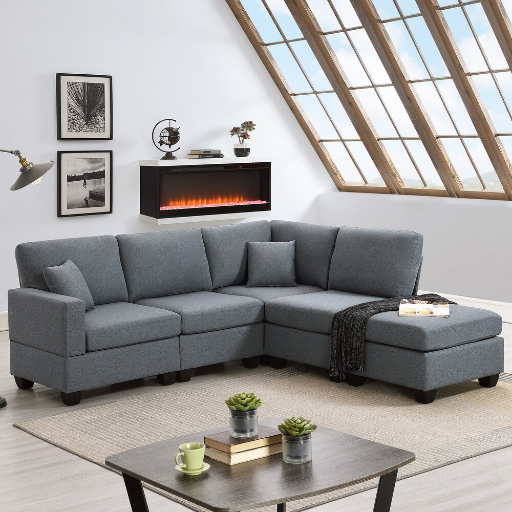 L Shaped Couch Sectional Sofa with Convertible Ottoman   2 Pillows