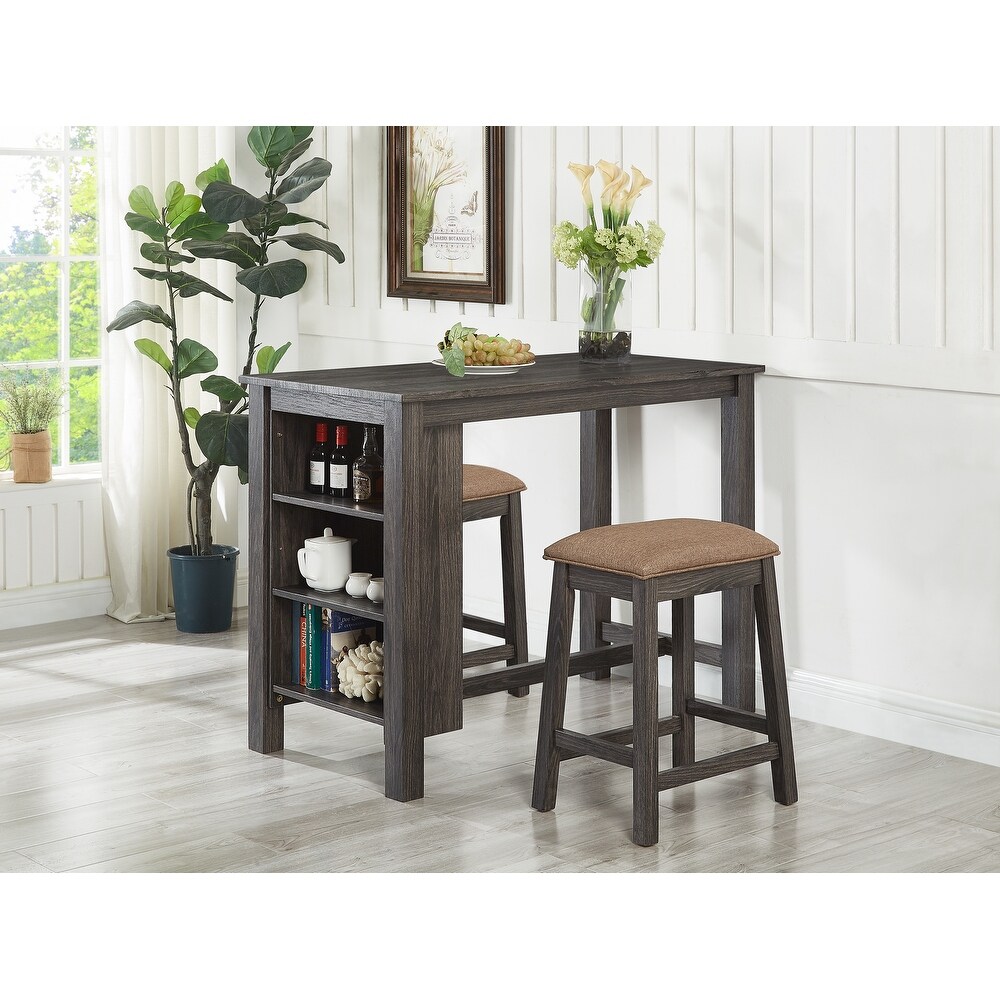 GTU Furniture 3 piece Grey/Black Counter High Bar Set Includes Storage Table and Two Backless Barstools with Frbaic Seat