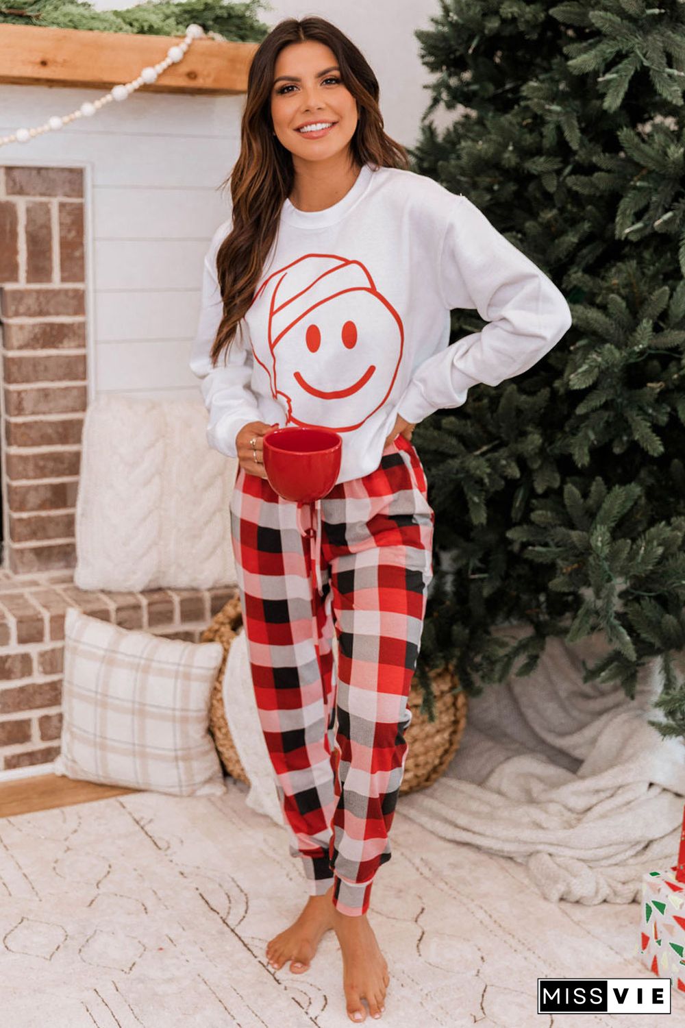 White Christmas Smile Face Print Top and Plaid Pants Lounge Set