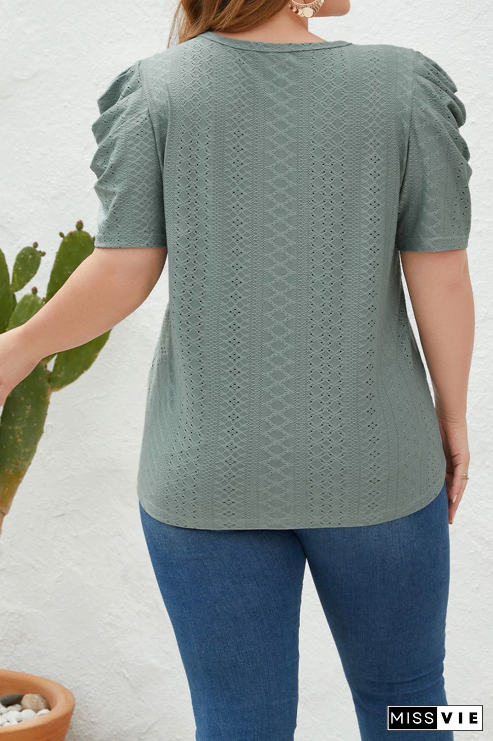 Eyelet Smocked Sleeves Plus Size Top