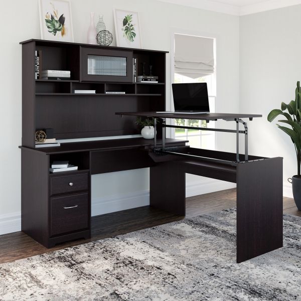 Bush Furniture Cabot 60W 3 Position L Shaped Sit to Stand Desk with Hutch in Espresso Oak