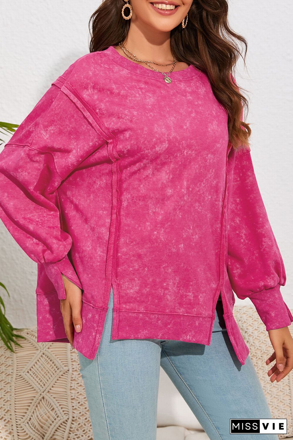 Rose Acid Wash Relaxed Fit Seamed Pullover Sweatshirt with Slits