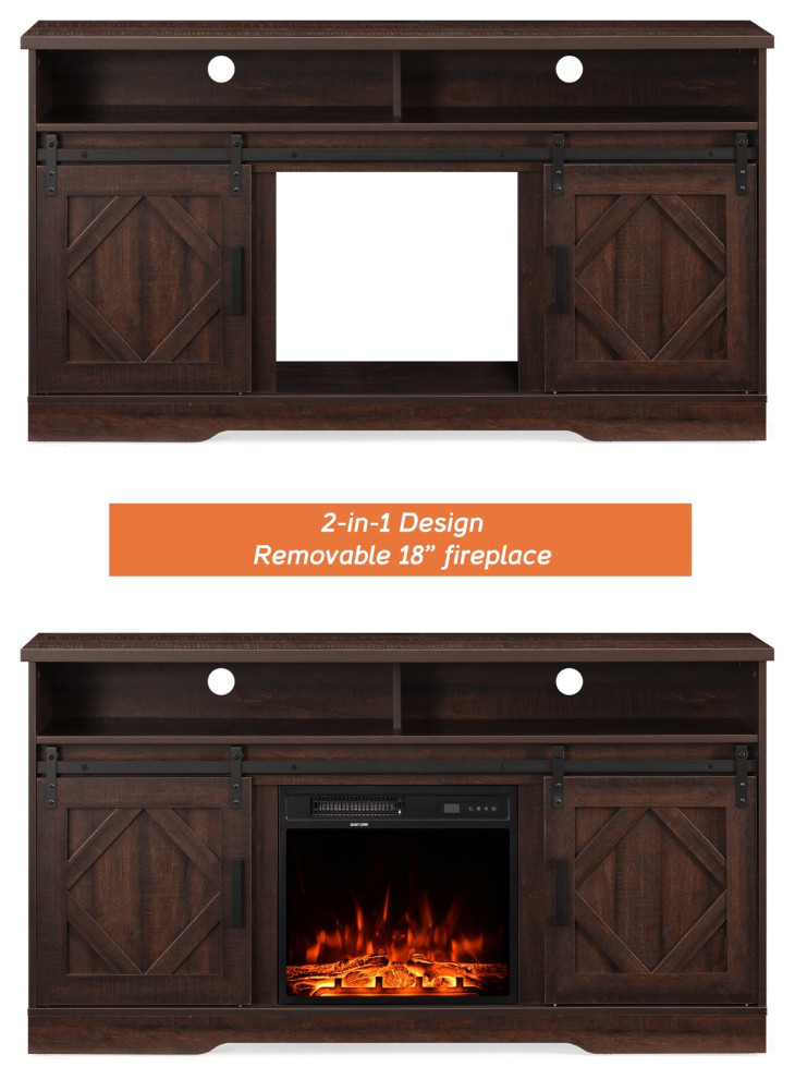 Farmhouse TV Stand  Sliding Doors  Fireplace With Adjustable Temperature  Brown   Farmhouse   Entertainment Centers And Tv Stands   by Declusia  Houzz