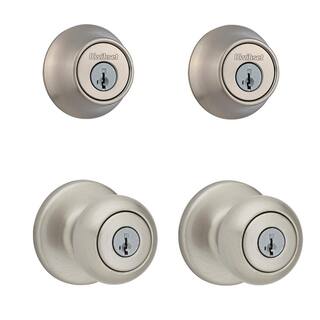 Kwikset Cove Satin Nickel Keyed Entry Door Knob and Single Cylinder Deadbolt Project Pack featuring SmartKey and Microban T242CV15SMTCPCO