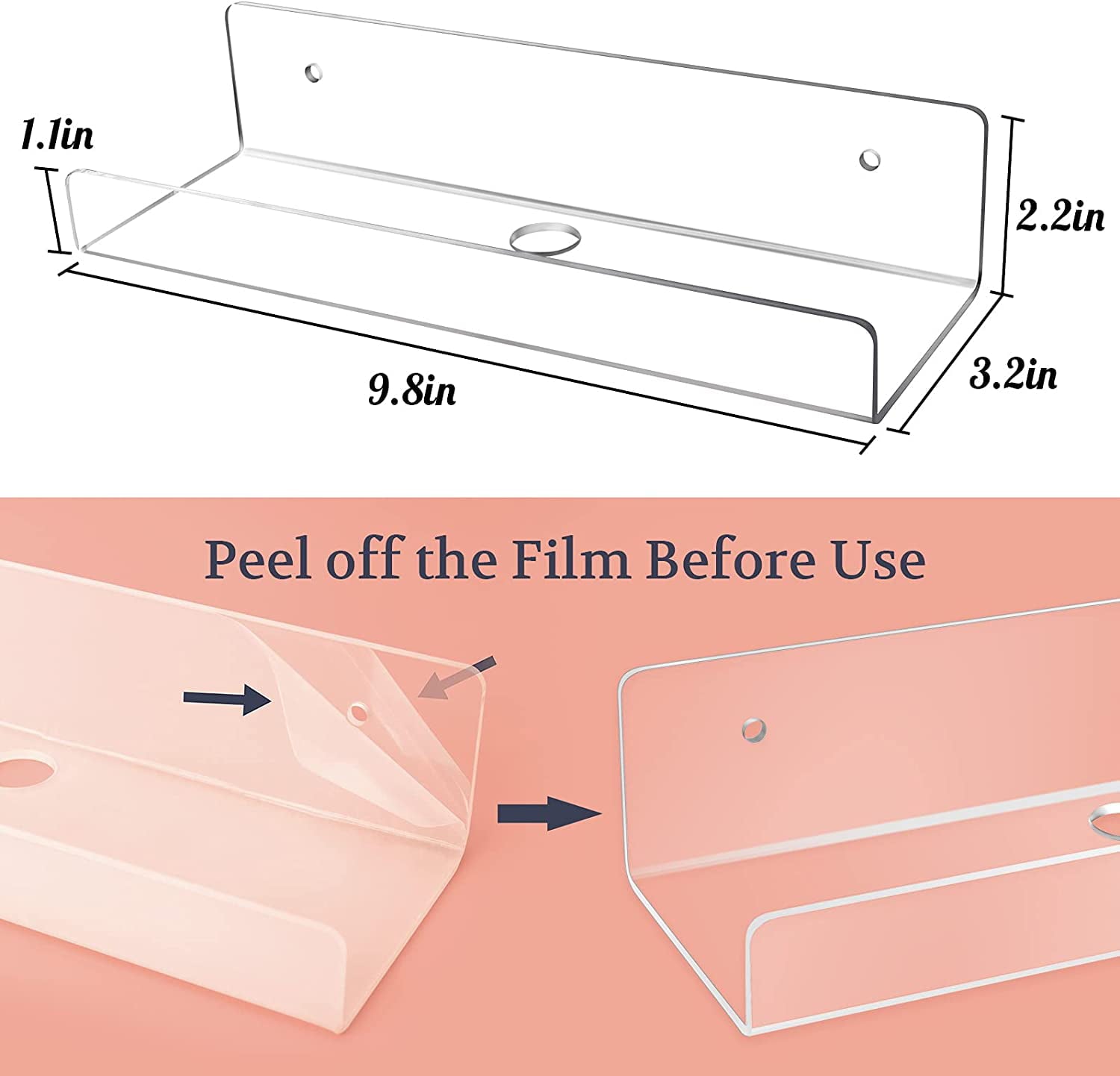 Mocoosy 2 Pack Clear Acrylic Floating Shelf 10'', Invisible Wall Mounted Shelf with Cord Hole, Small Display Ledge Shelves for Smart Speaker/Action Figures, Great for Kids Room Bathroom Office Display