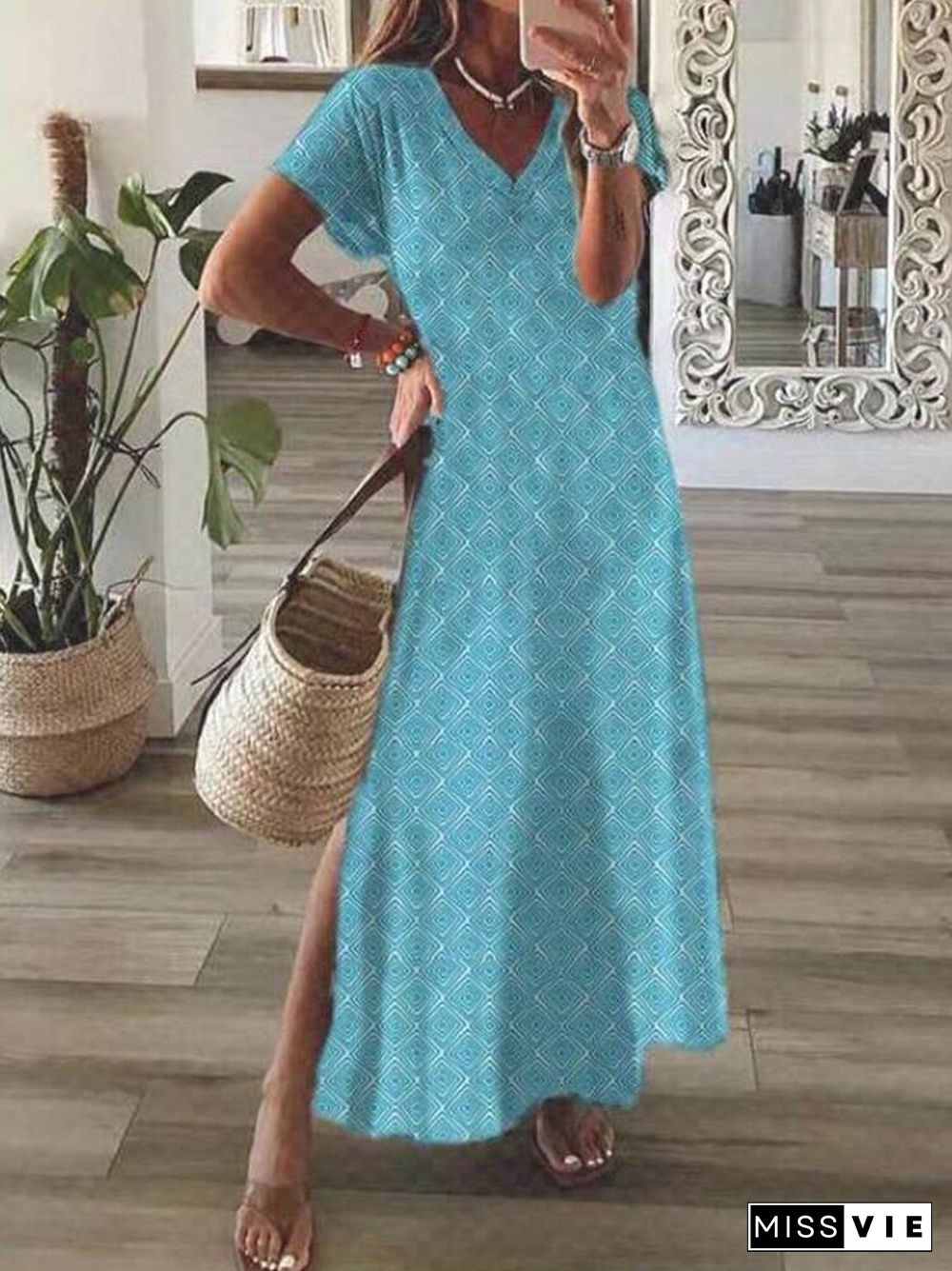 Summer Pattern Print Boho Slit Beach Dress New Casual Harajuku Short Sleeve Long Dress Elegant V-Neck Simple A-Line Party Dress