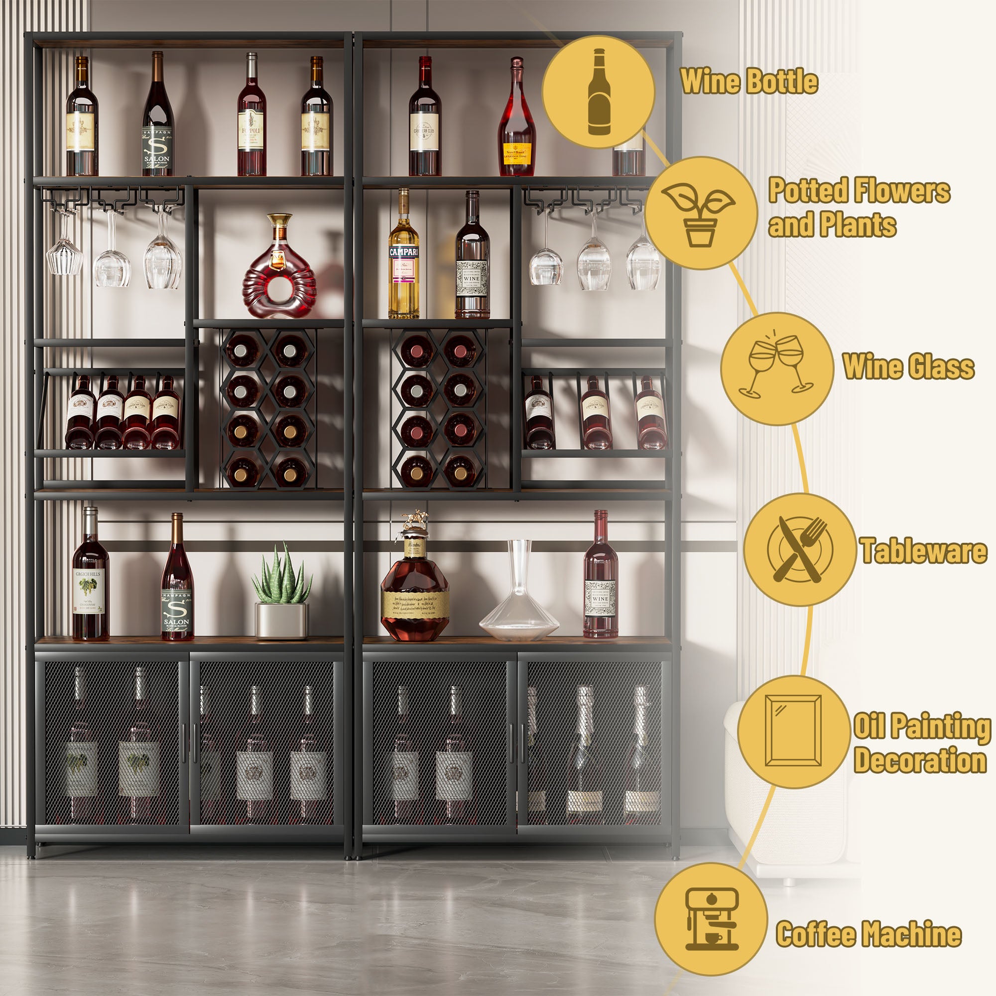 Industrial Vertical Wine Rack with Glass Shelves, 82.7 inch Tall Freestanding Floor Standing Bar Cabinet