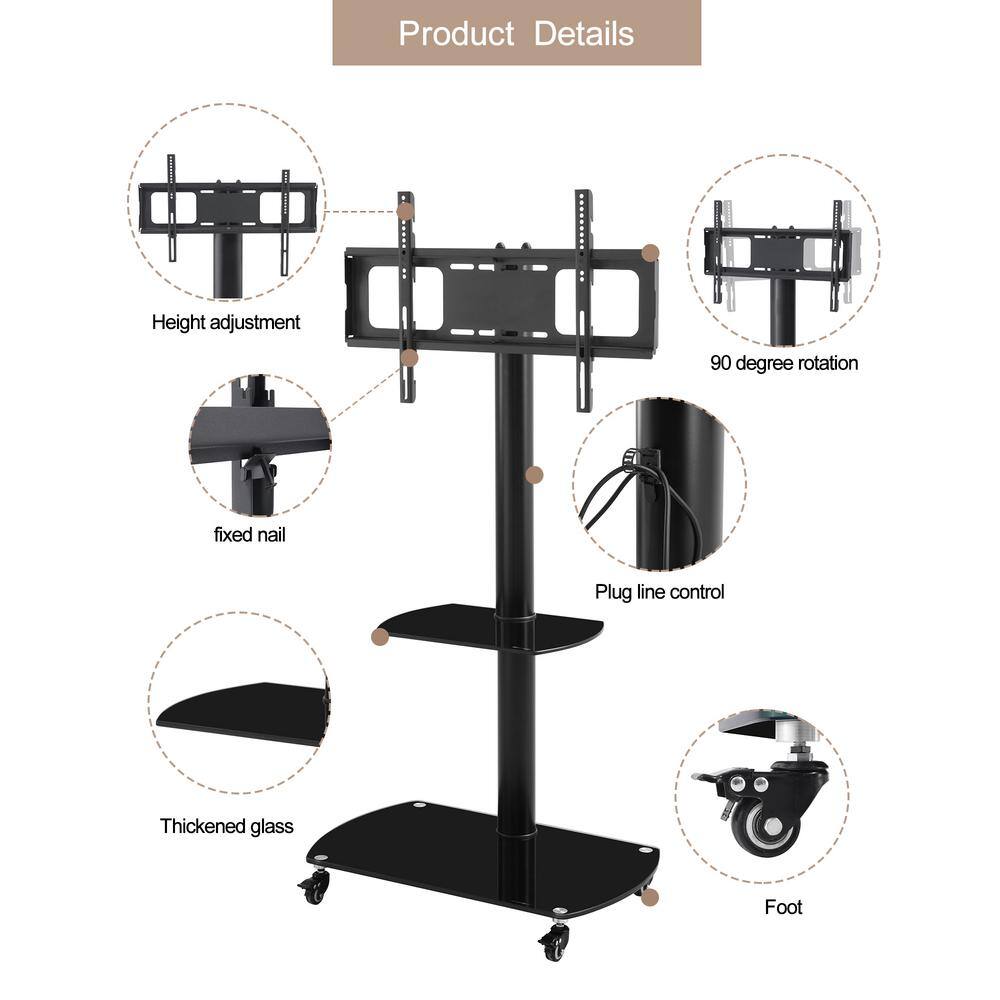 Tidoin Adjustable Angle Black Adjustable Height TV Mounts TV Stand with 2-Tier Shelf and Wheel JWS-YUW2-5040