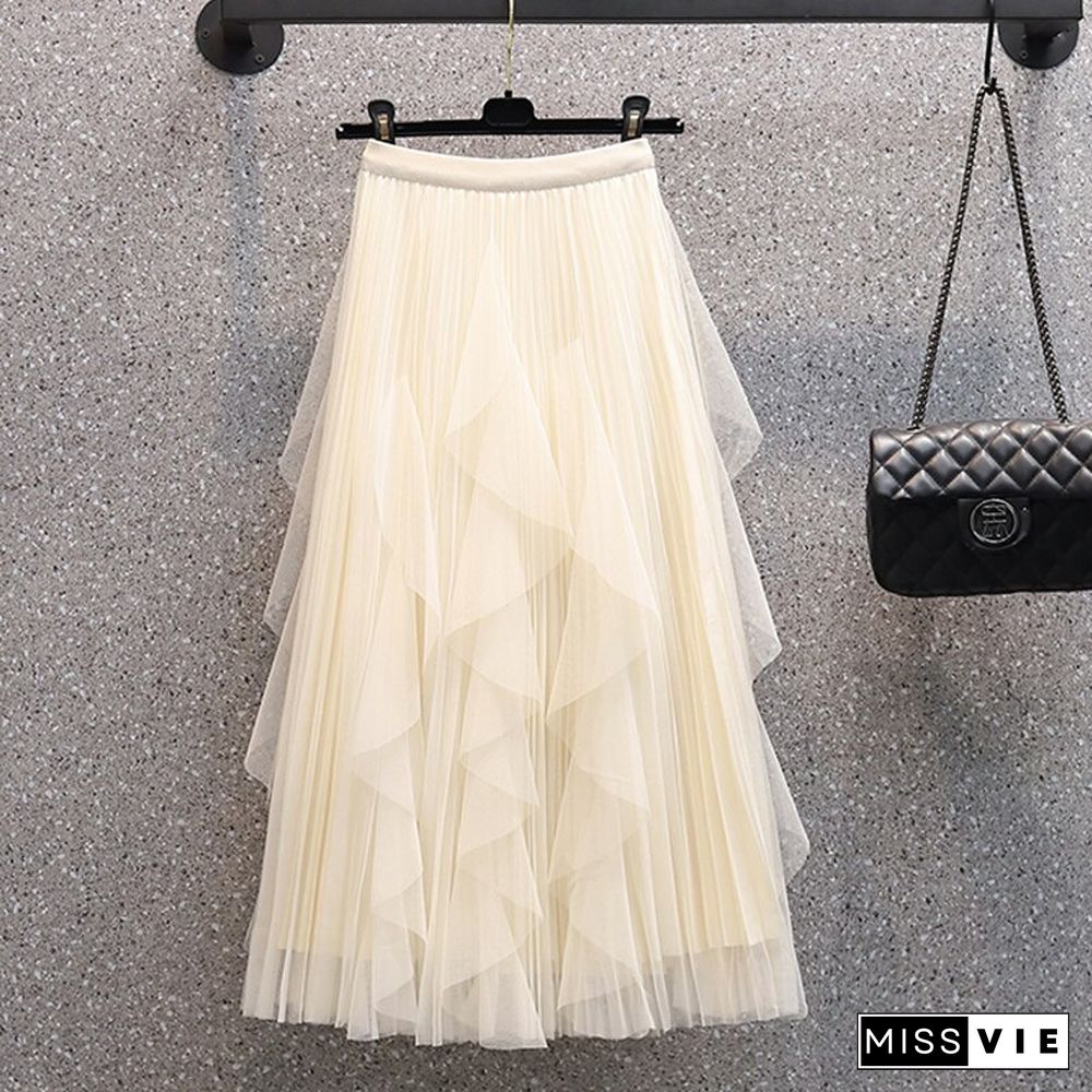 Skirts Design Ruffle Mesh Simple Skirts Women Loose Causal A Line Mujer Skirts Korean Fashion Office Style New