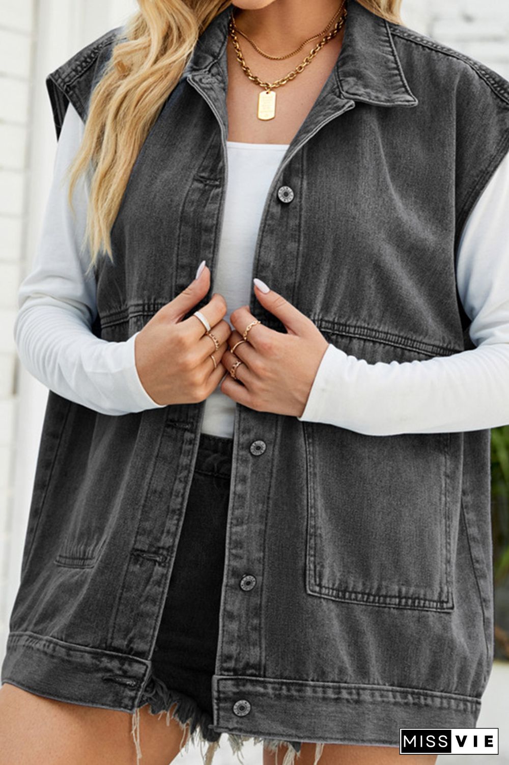 Open Front Pockets Sleeveless Denim Jacket