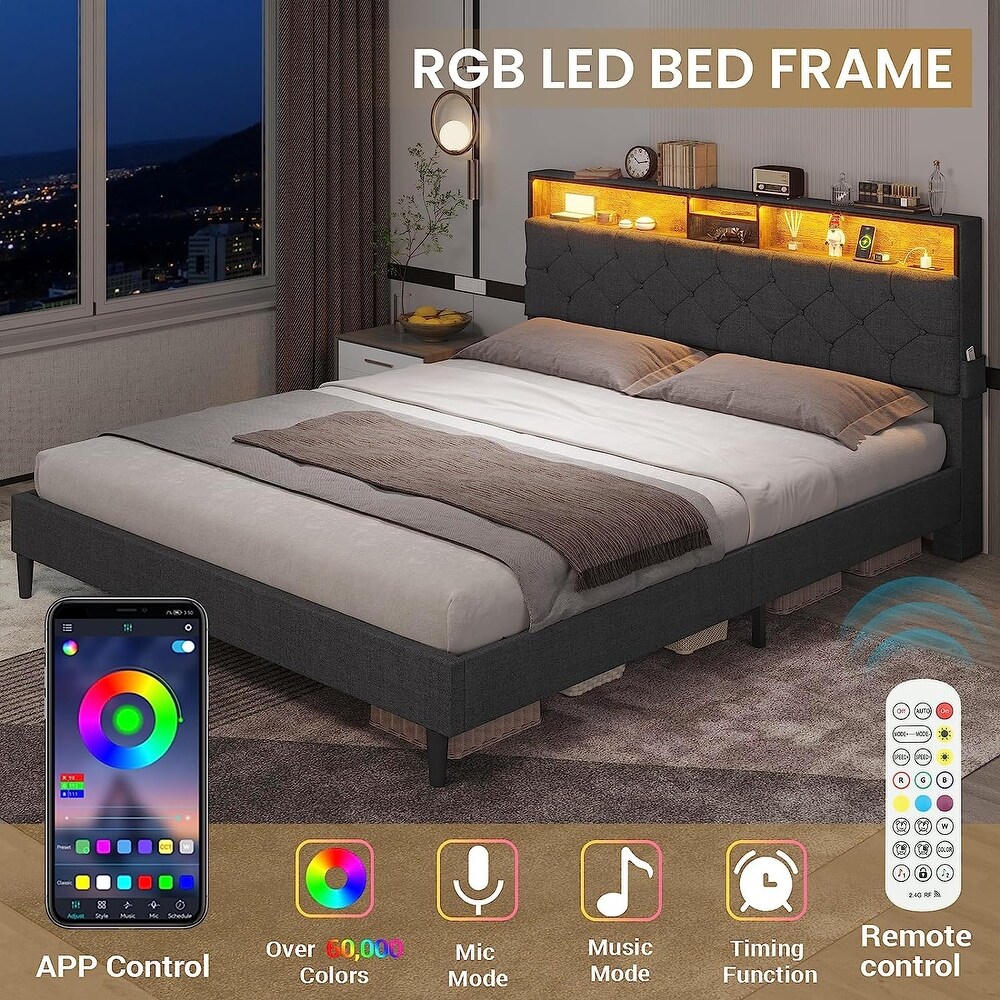 Queen Platform Bed Frame LED Light Headboard Storage Shelves