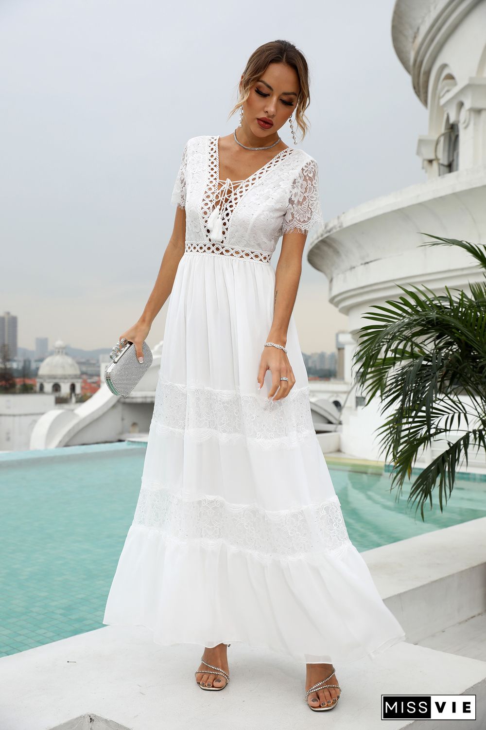 White Lace Crochet Patchwork Tiered Long Dress