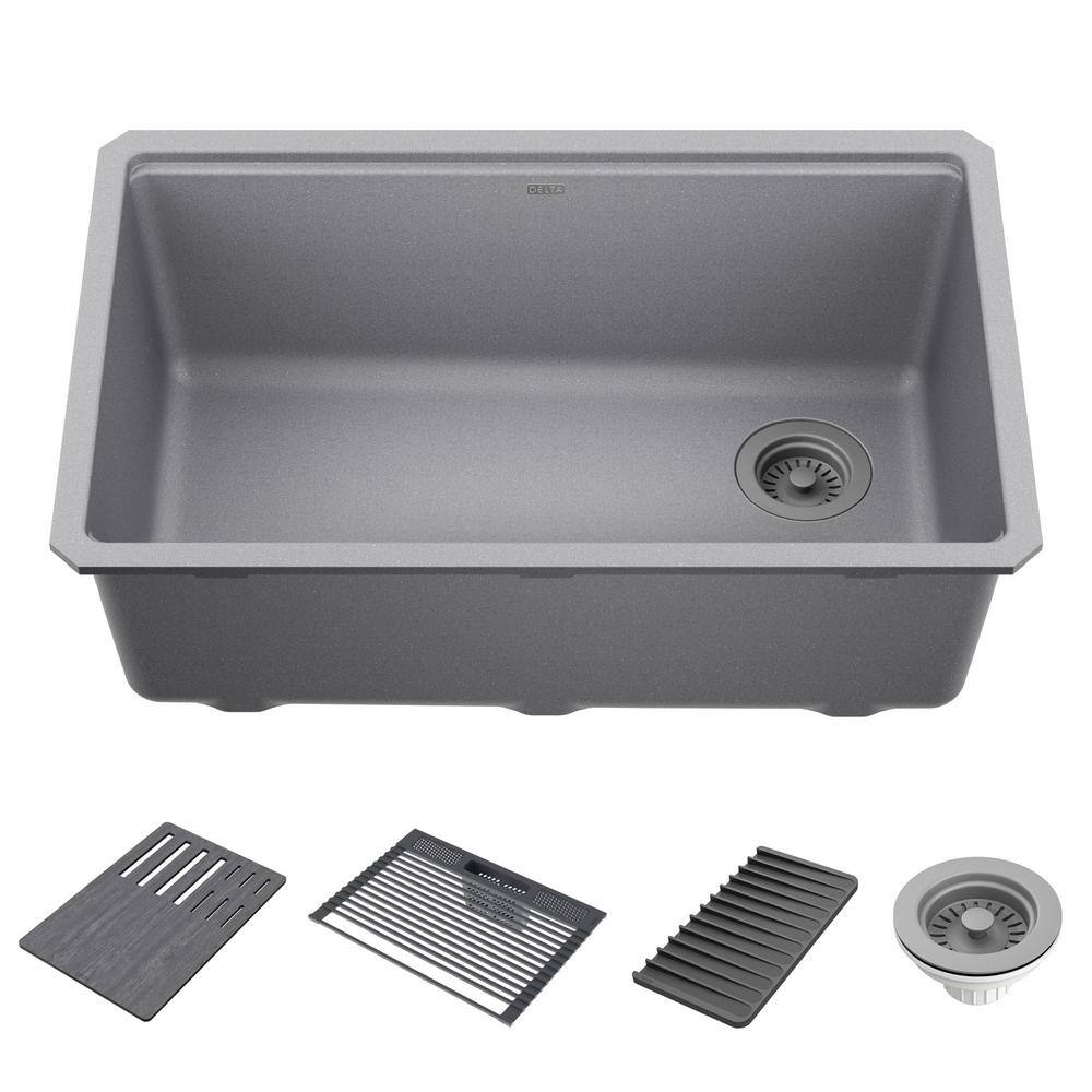 Delta Everest Dark Grey Granite Composite 30 in. Single Bowl Undermount Workstation Kitchen Sink with Accessories 75B933-30S-DG