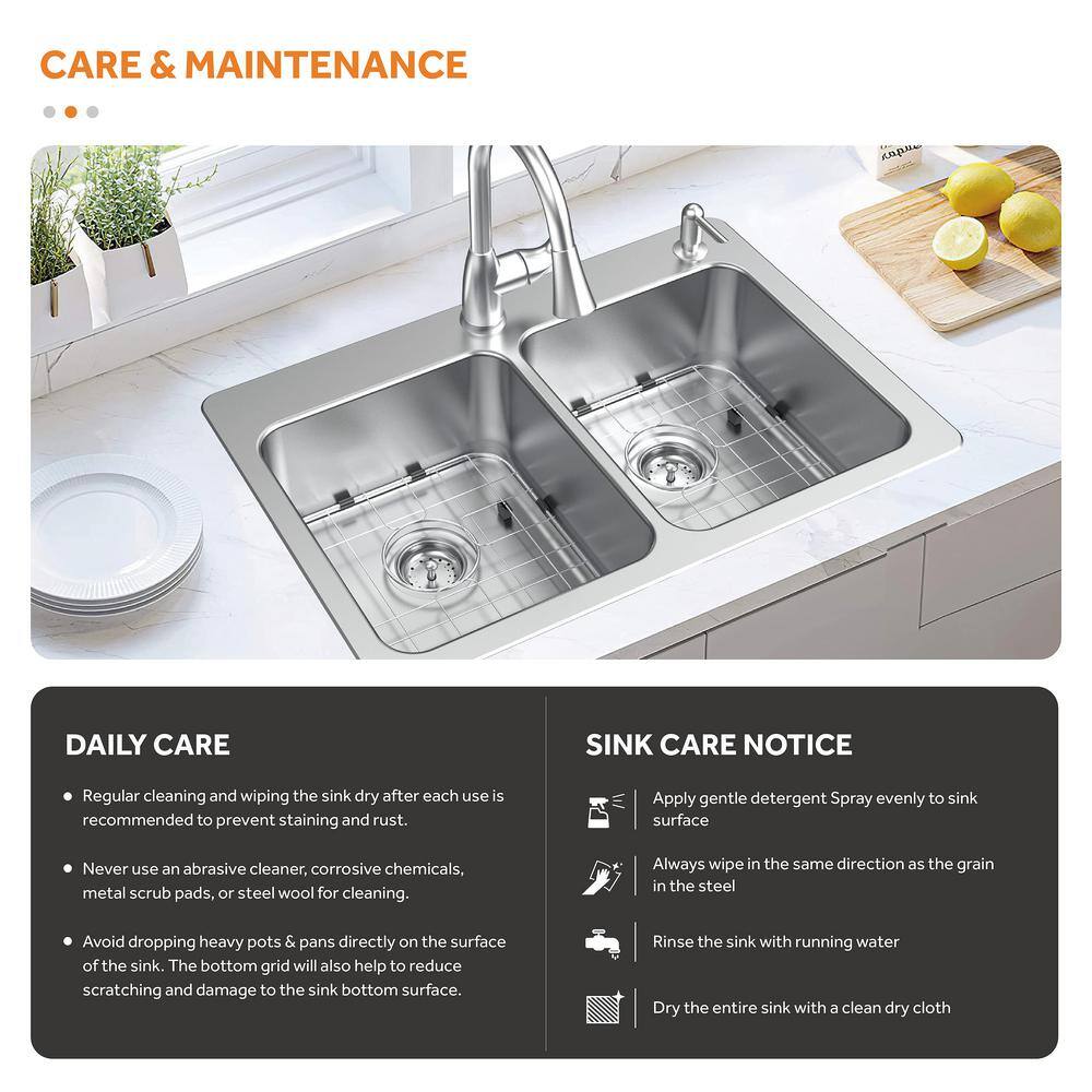 Glacier Bay Bratten Drop-InUndermount 18G Stainless Steel 33 in. 2-Hole 5050 Double Bowl Kitchen Sink with Accessories VT3322TA0ACC