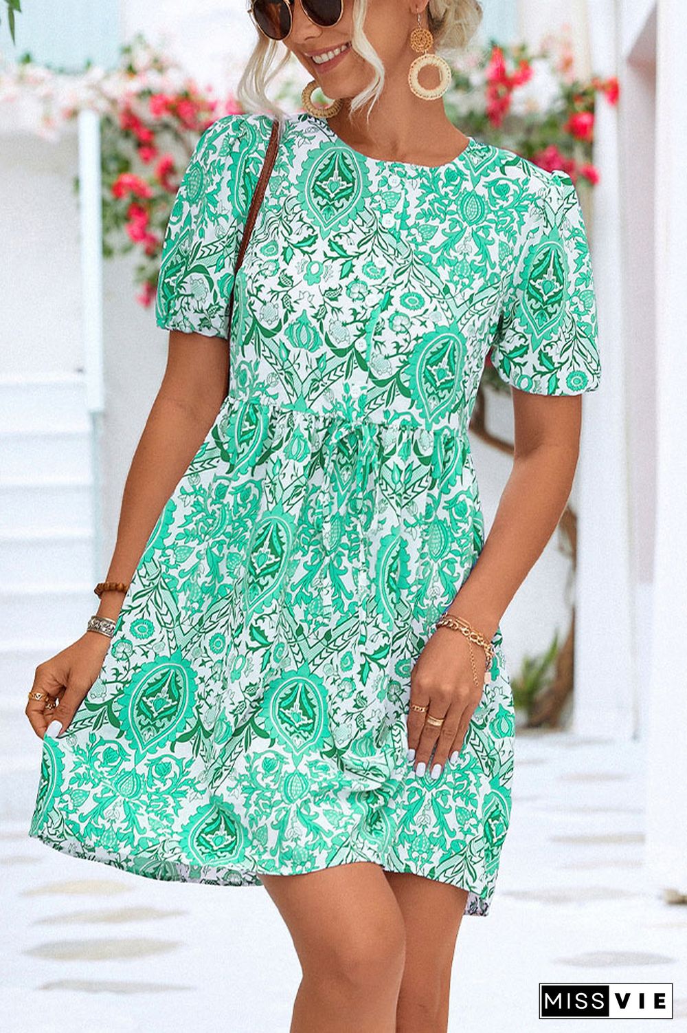 Bubble Sleeves Paisley Print High Waist Dress