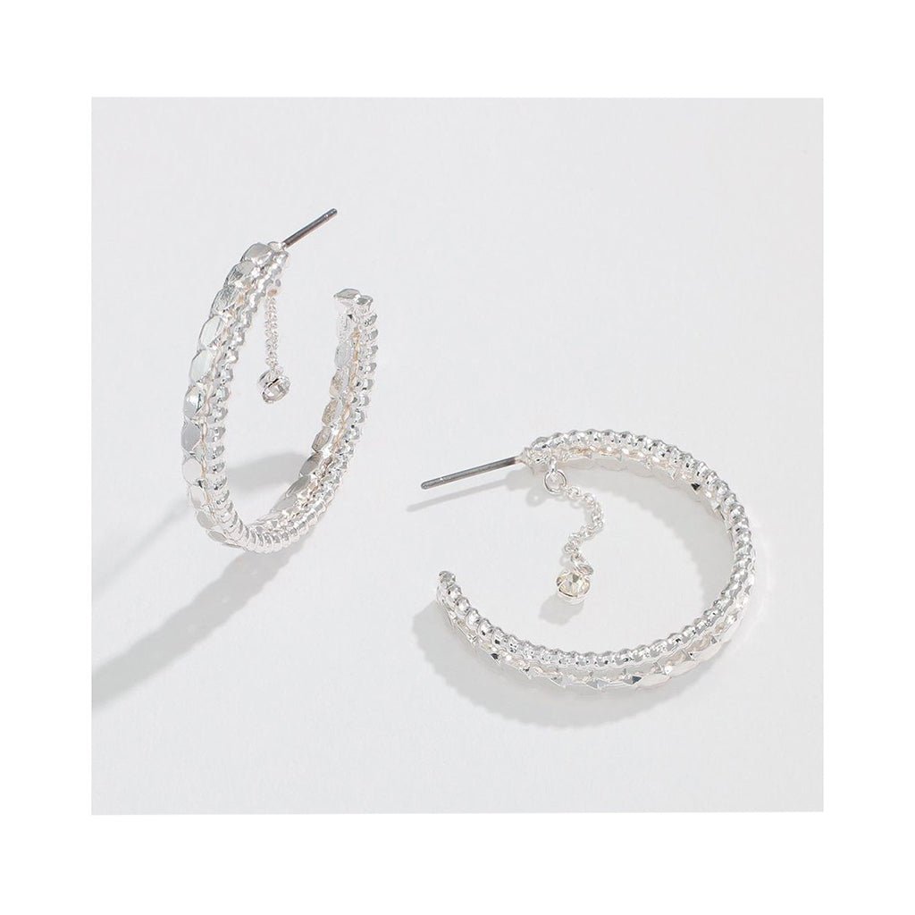 Periwinkle by Barlow   1” Textured Silver Hoops With Dangling Crystal -Earrings