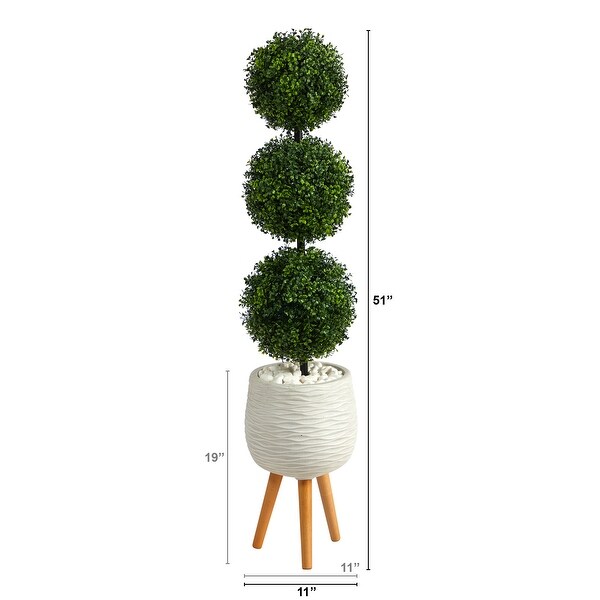 51 Boxwood Triple Ball Topiary Artificial Tree in White Planter