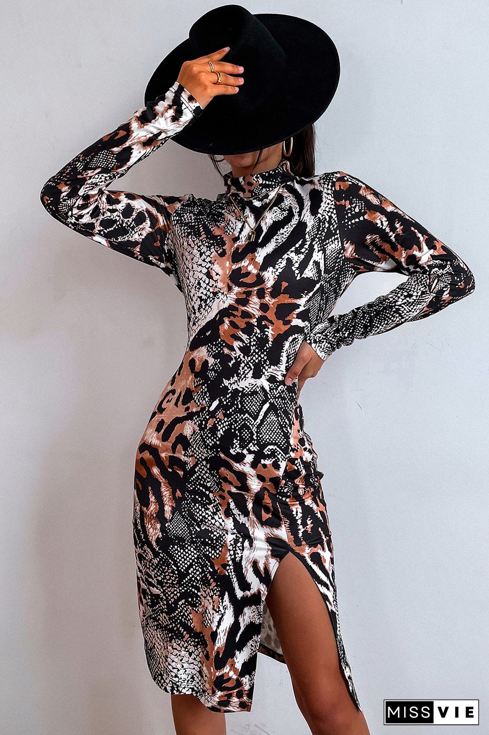 Snake Leopard Mixed Print High Neck Split Midi Dress