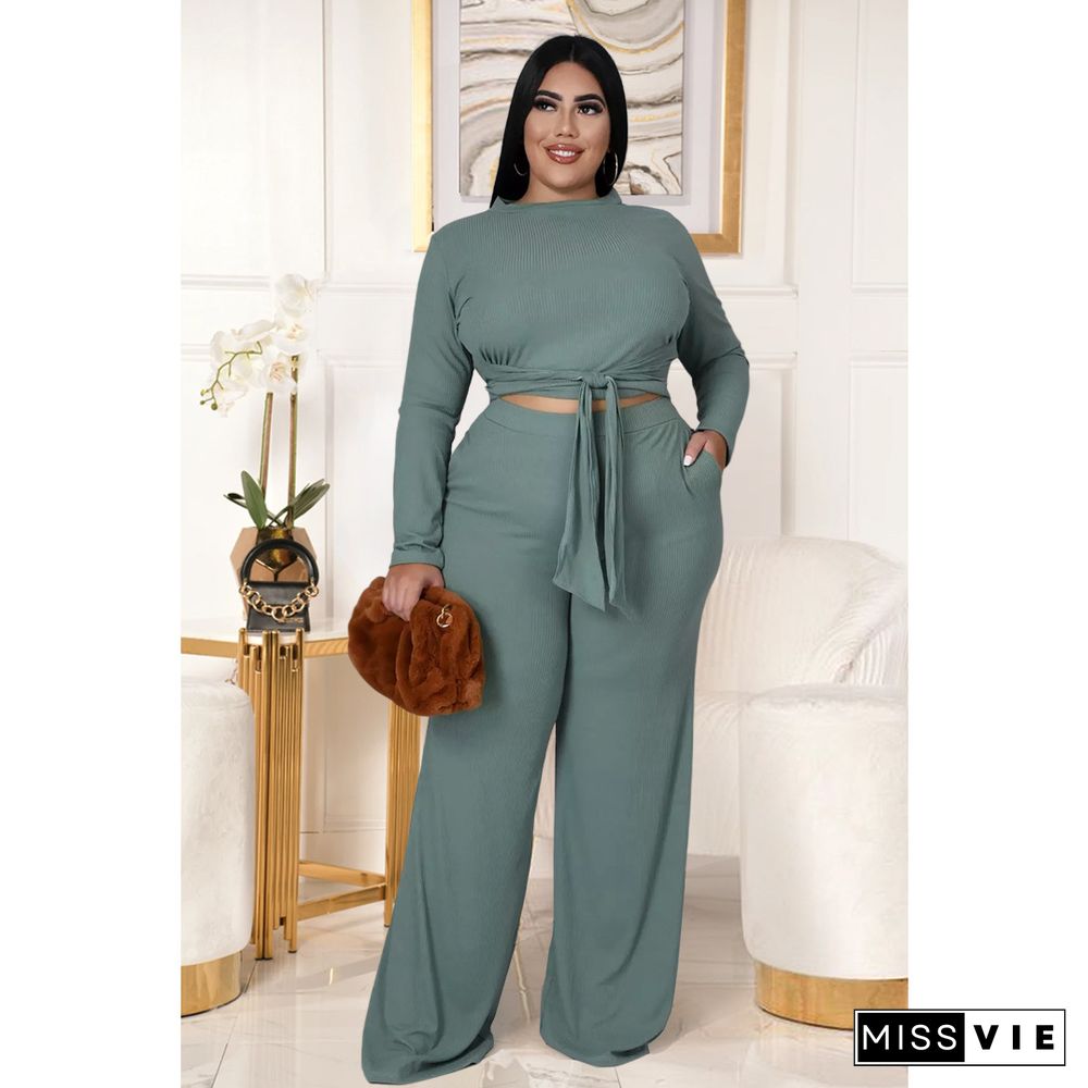 Knitted Bandage T Shirt Wide Leg Pants Plus Size Set