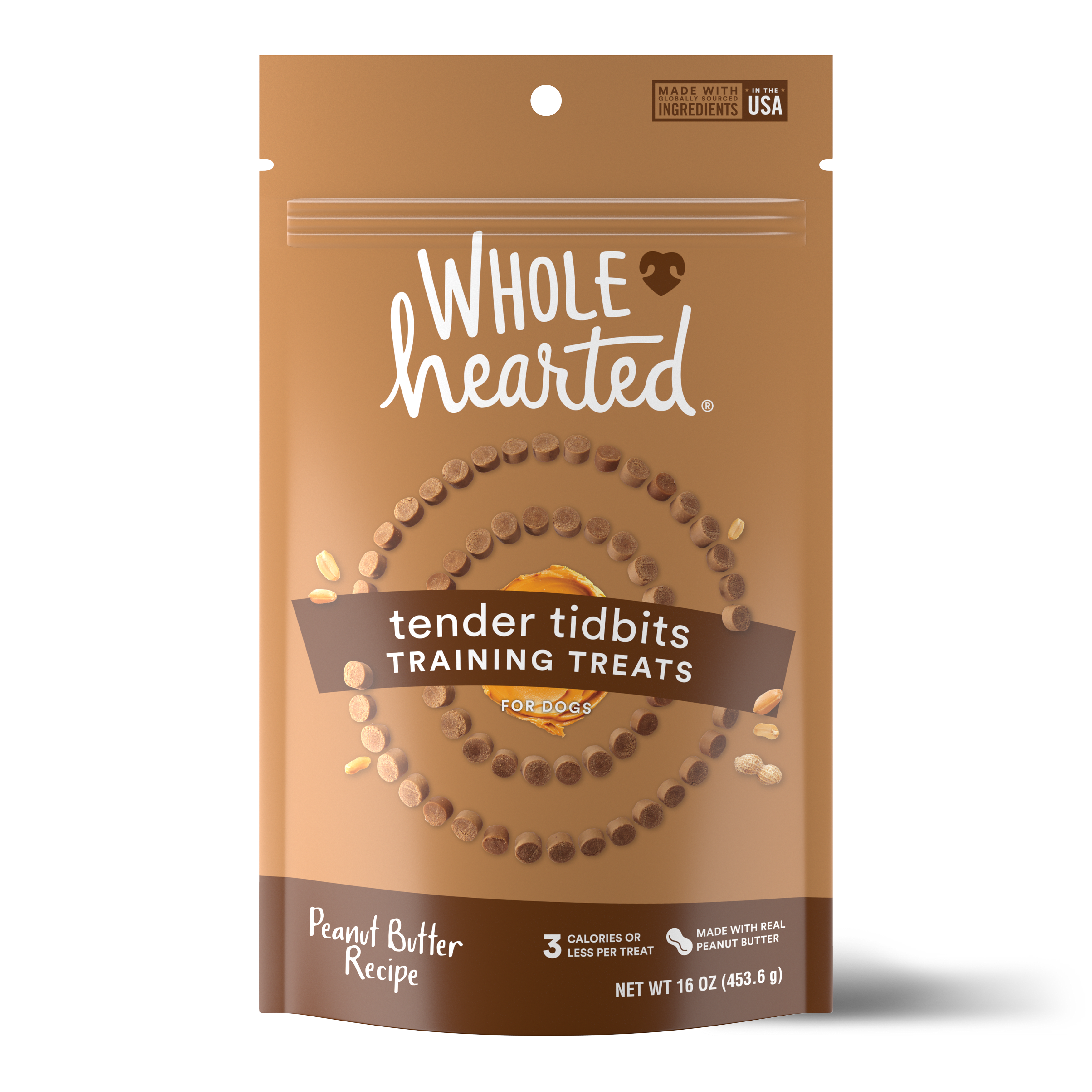 WholeHearted Grain-Free Tender Tidbits Peanut Butter Recipe Dog Training Treats， 16 oz.