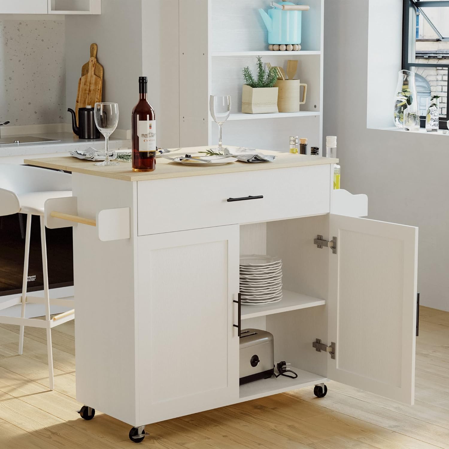 Rolling Kitchen Island Table on Wheels with Drop Leaf and Towel Rack