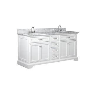 Home Decorators Collection Windlowe 73 in. W x 22 in. D x 35 in. H Freestanding Bath Vanity in White with Carrara White Marble Marble Top 15101-VS73C-WT