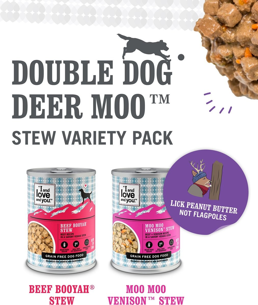 I and Love and You Beef Booyah and Moo Moo Venison Stew Grain-Free Combo Pack Canned Dog Food