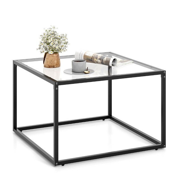 Tangkula Glass Coffee Table 27 5 Inch Modern Square Metal Frame Living Room Transparent