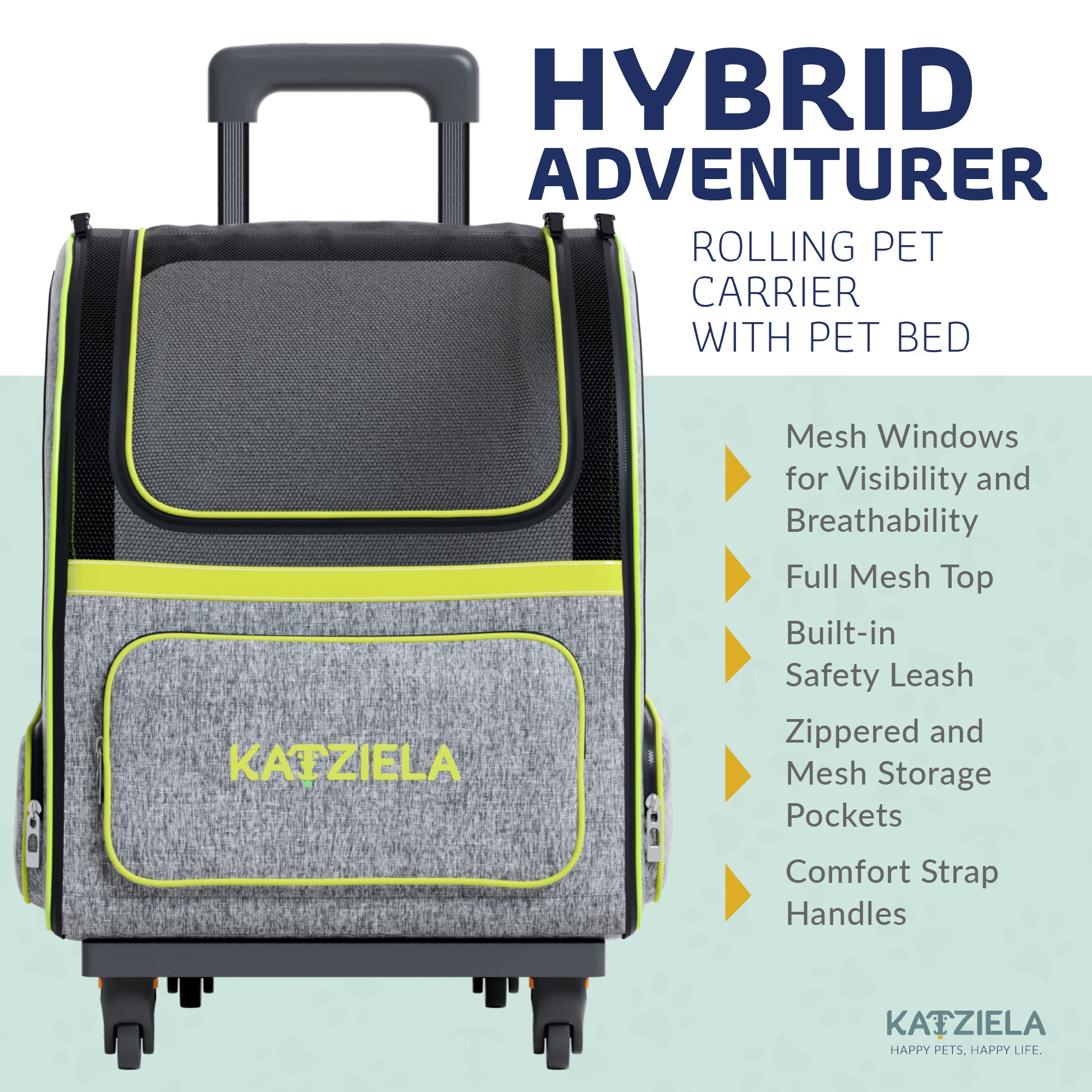 Katziela Wheeled Pet Carrier Backpack， Airline Approved， Gray and Green