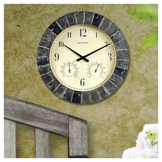 Outdoor Indoor Wall Clock With Thermometer And Humidity Faux Slate Finish Acurite