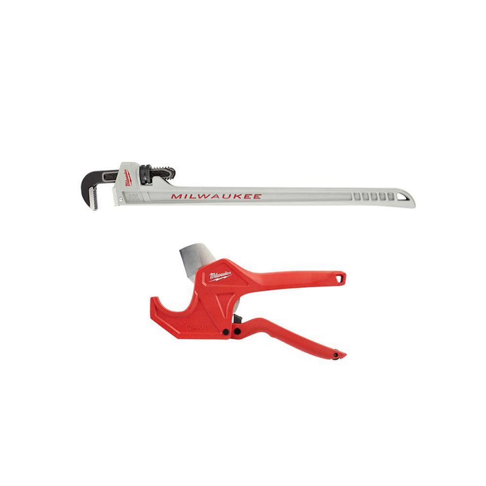 MW 10 in. Aluminum Pipe Wrench with Power Length Handle with 1-58 in. Ratcheting Pipe Cutter (2-Piece) 48-22-7213-48-22-4210