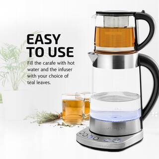 OVENTE 7.2-Cup Stainless Steel Electric Glass Kettle with ProntoFill Technology and 27-Oz. Reusable Teapot with Infuser Bundle KG733S + FGK27B