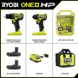 RYOBI ONE+ HP 18V Brushless Cordless Compact 2-Tool Combo Kit wDrill Impact Driver Batteries Charger Bag  65PC Bit Set PSBCK01K-A986501