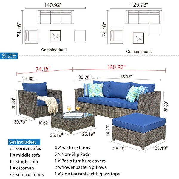 OVIOS Patio Furniture Deep Seat Wicker 6piece Set with Cushions