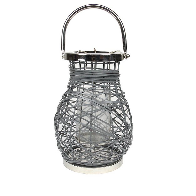 Modern Gray Decorative Woven Iron Pillar Candle Lantern With Glass Hurricane