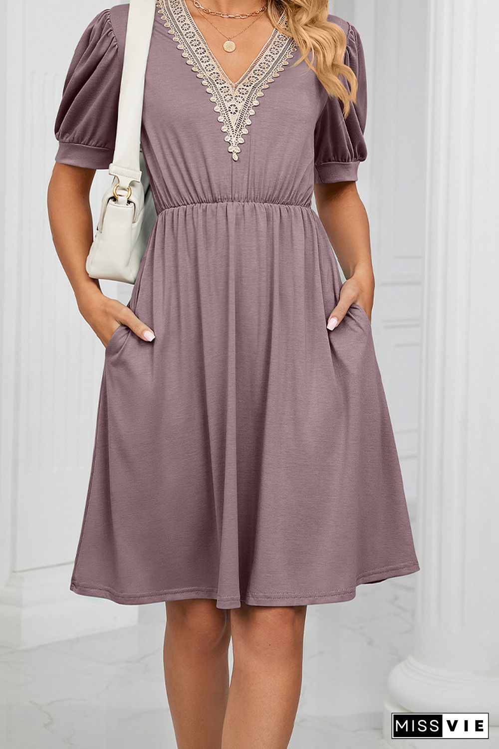 V Neck Lace Edge Pockets T-Shirt Dress