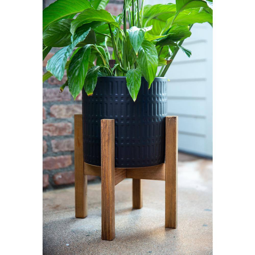 Flora Bunda 10 in. and 8 in. Matte Black Ceramic Roman Planter on Wood Stand Mid-Century Planter (Set of 2) CT740E2-MTBK