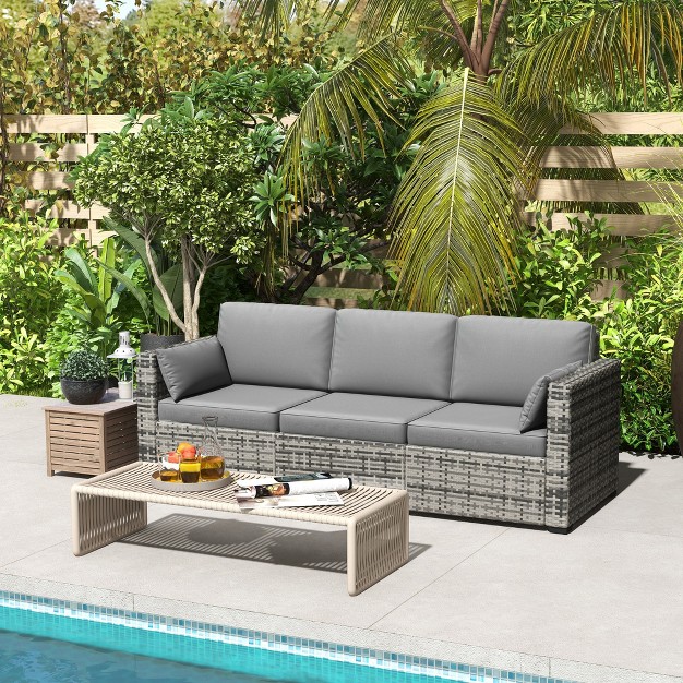 Outsunny Wicker Patio Couch Pe Rattan 3 seat Sofa Outdoor Furniture With Deep Seating Cushions Steel Frame Gray