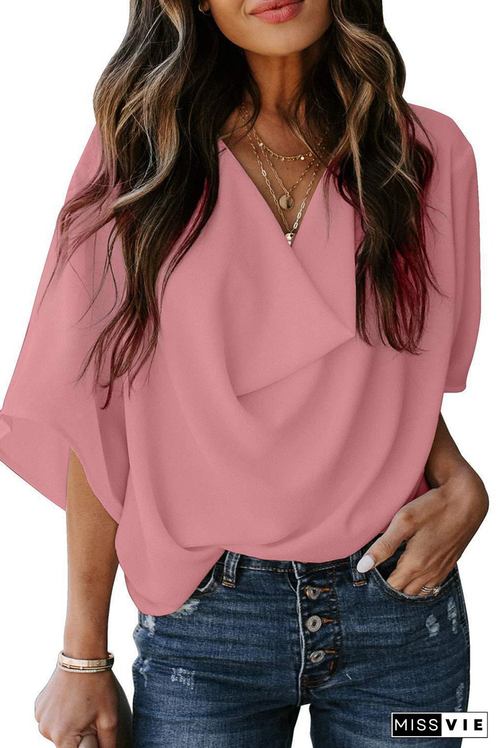 Casual Solid Flounce V Neck T-Shirts