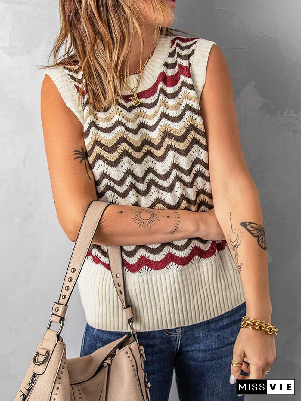 Women'S Tank Tops Wavy Stripe Crewneck Knit Tank Top