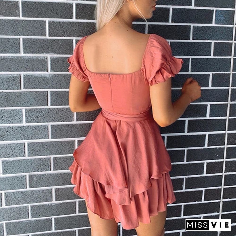 Dressy Frill Ruched Layered Ruffle Off Shoulder Tie Back Romper Dress