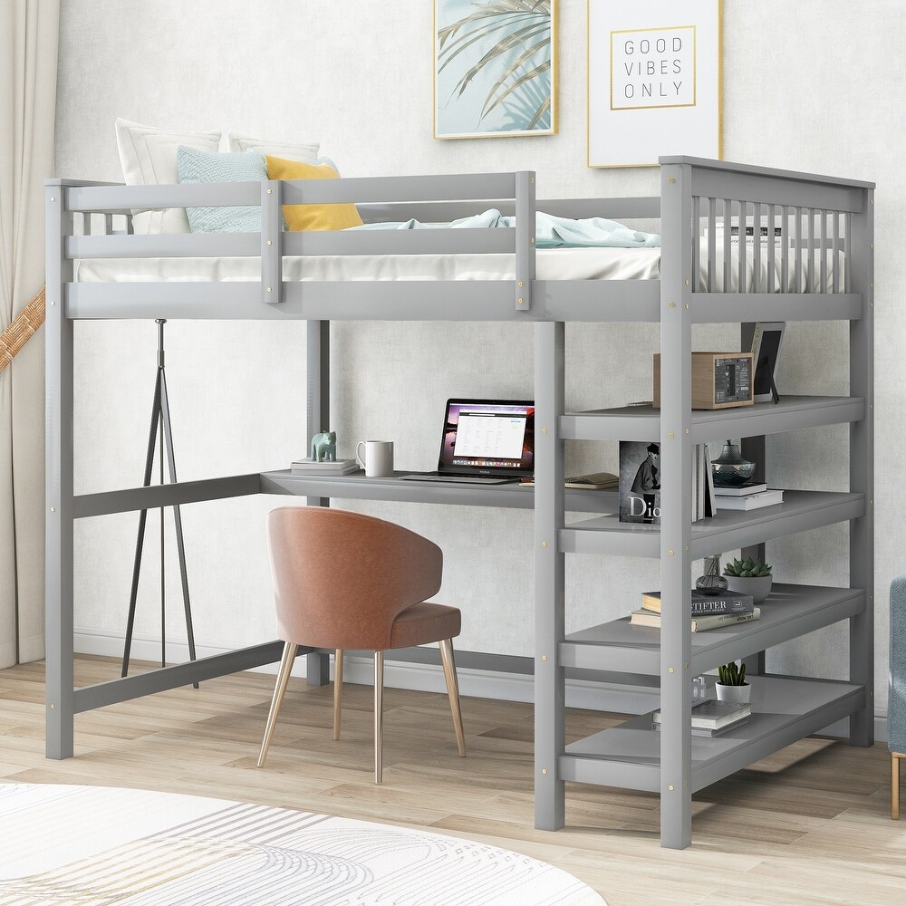 Full Size Loft Bed with Storage Shelves and Under bed Desk