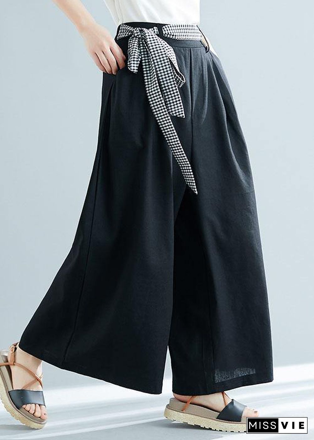 black cotton blended wide leg pants tie waist casual trousers