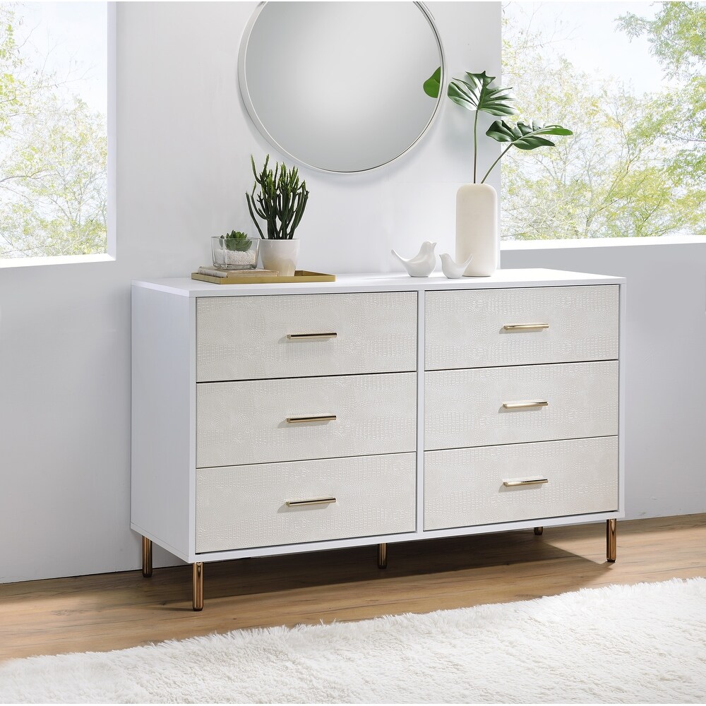 Contemporary Style 6 drawer Dresser  Metal Legs  Faux Crocodile Skin Pattern  2/3 Extension Drawer  Side Metal Glide Drawer