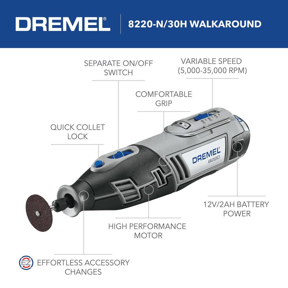 Dremel 8220 Series 12-Volt MAX Lithium-Ion Variable Speed Cordless Rotary Tool Kit with 30 Accessories and Case 8220-N30H