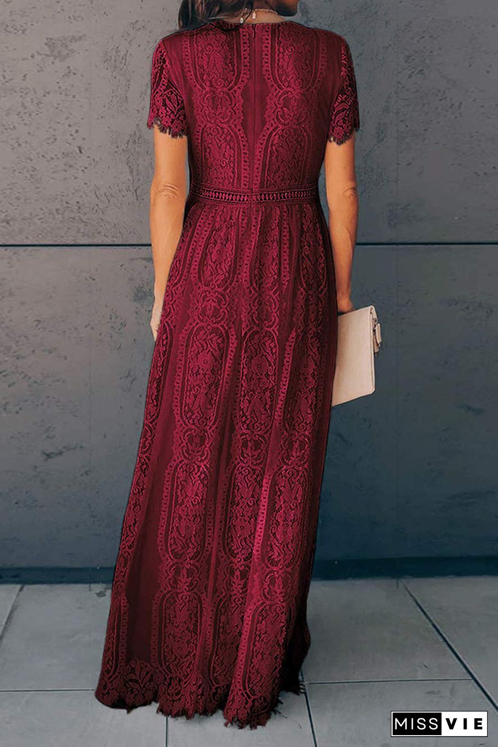 Burgundy Deep V Neck Short Sleeve Lace Maxi Dress