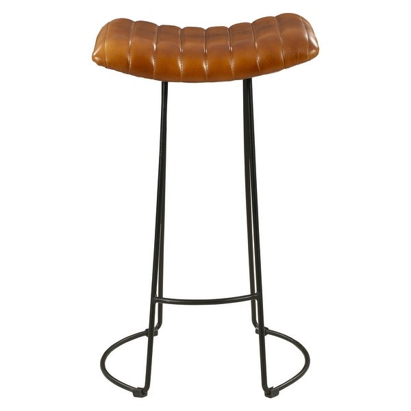 Tan Brown and Black Industrial Barstool with Curved Genuine Leather